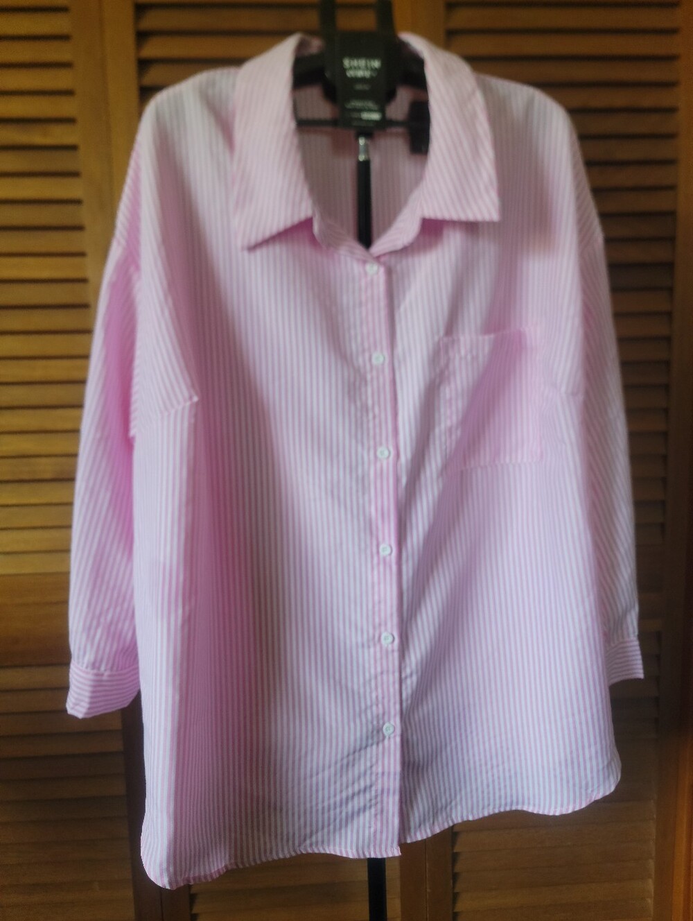 Womens Pink And White Striped Button-Up Shirt